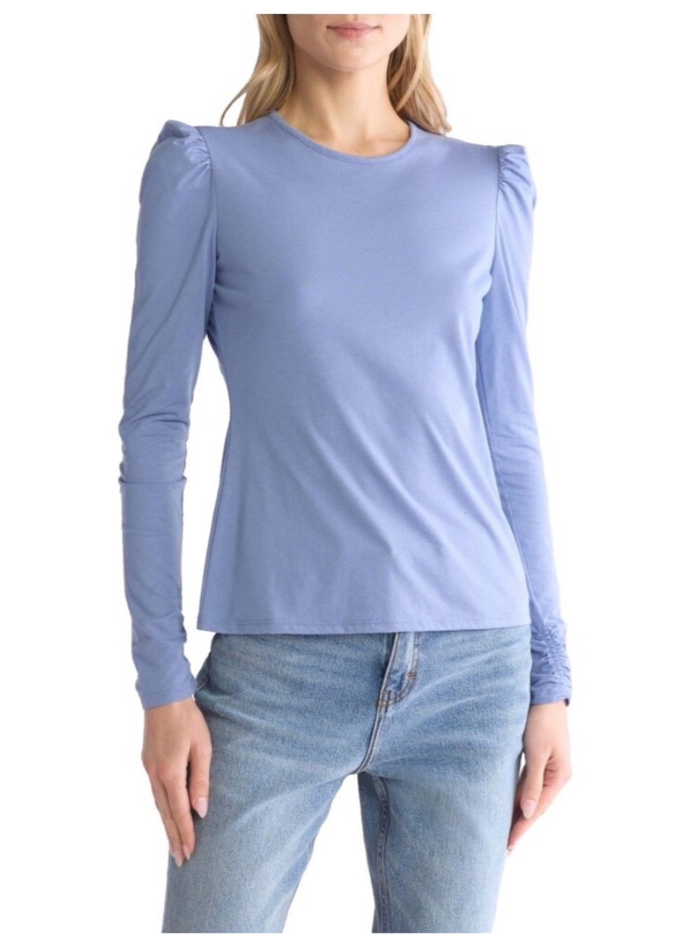 Rebecca Taylor Ruched Long Sleeve Top in Cornflower Blue M Medium Puff Shoulder